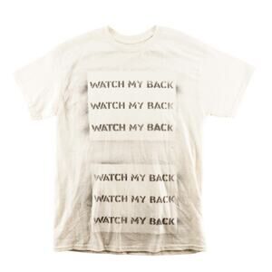 Watch My Back Hand-Painted Graphic Art T-Shirt Beige Abstract Faces Sz L